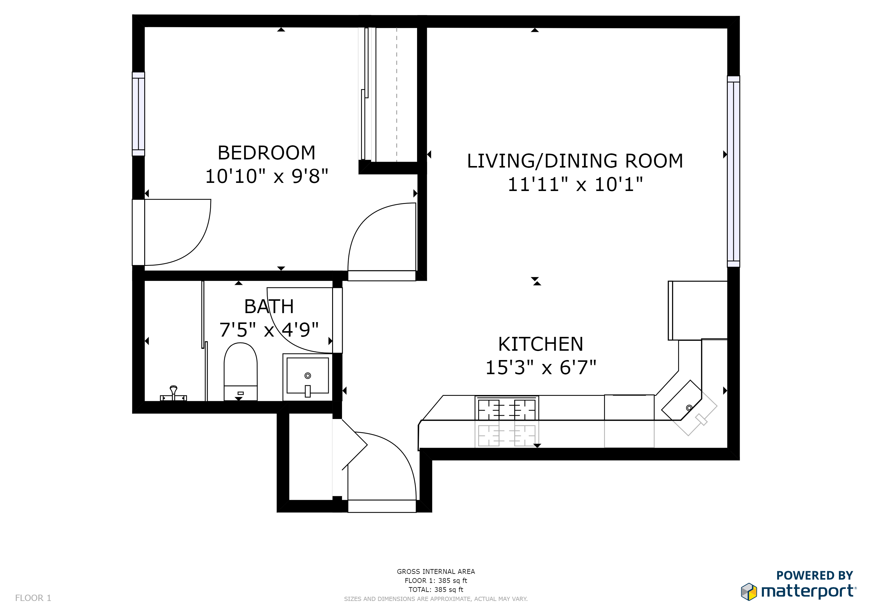 Floor plan for 1 bed, 1 bath, 550 sqft