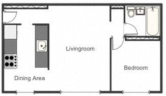 Floor plan for 1 bed, 1 bath, 600 sqft
