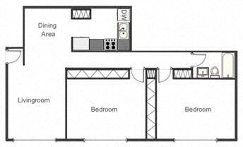 Floor plan for 2 beds, 1 bath, 860 sqft