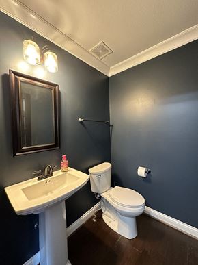 Clarksville house for rent - a bathroom with a toilet and a sink and a mirror
