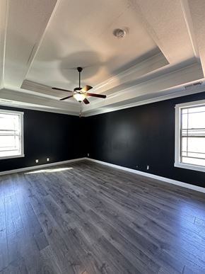Clarksville house for rent - an empty room with black walls and a ceiling fan