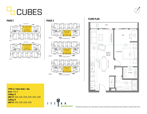 Floor plan for 1 bed, 1 bath, 634 sqft