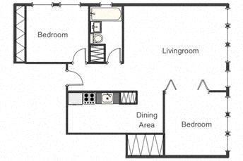 Floor plan for 2 beds, 1 bath, 778 sqft