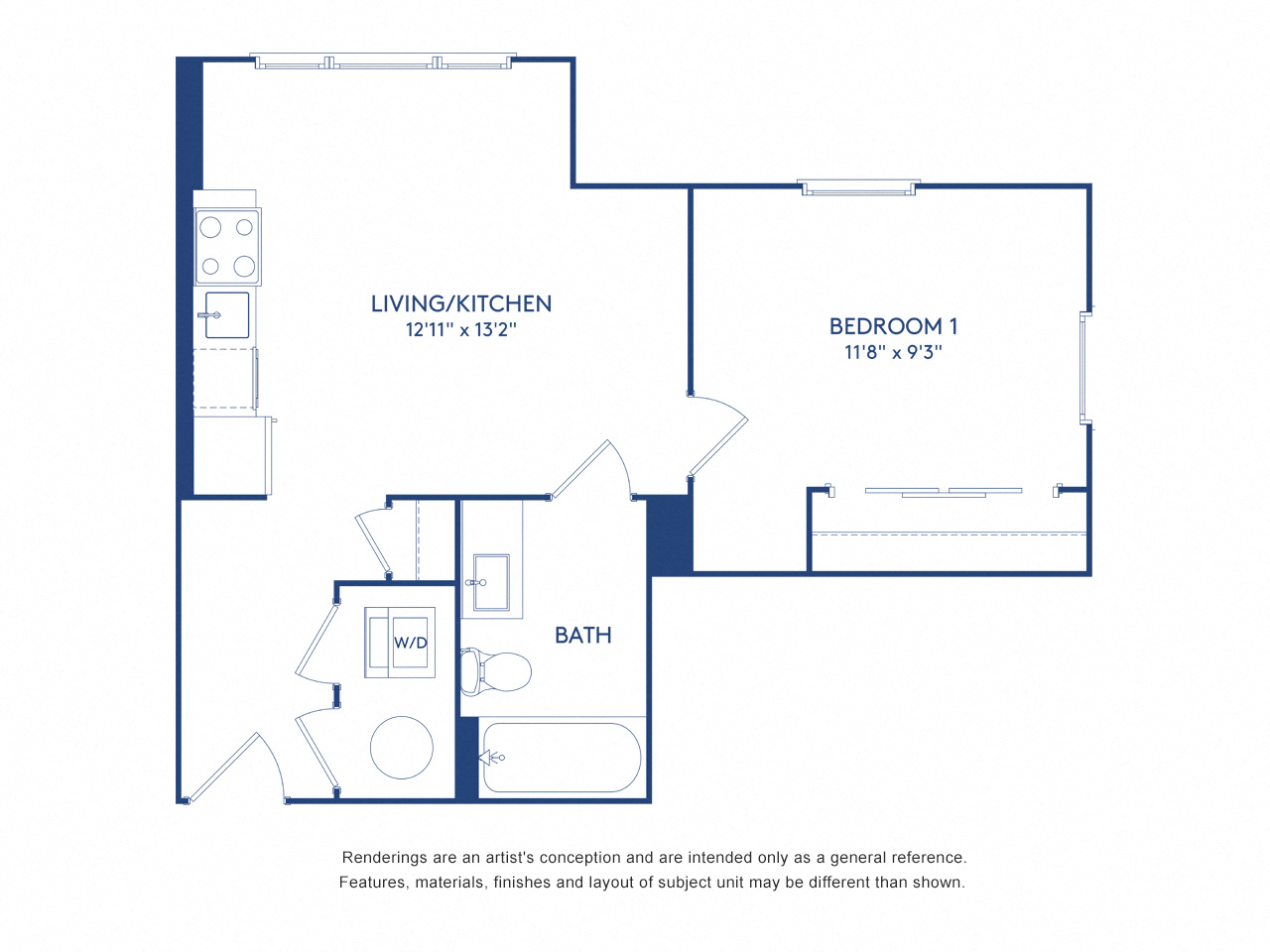 Floor plan for 1 bed, 1 bath, 468 sqft