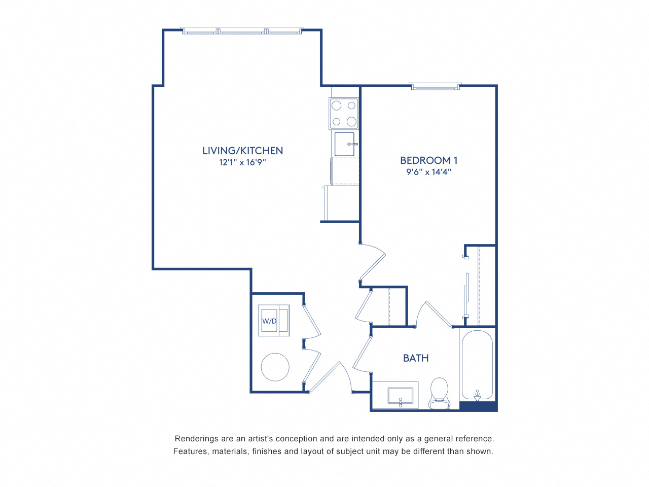 Floor plan for 1 bed, 1 bath, 570 sqft