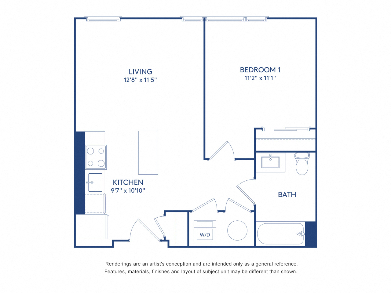 Floor plan for 1 bed, 1 bath, 597 sqft