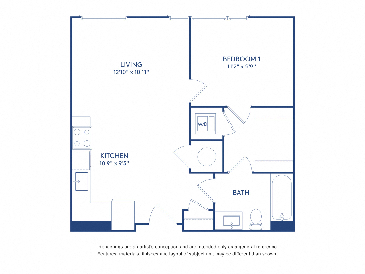 Floor plan for 1 bed, 1 bath, 590 sqft