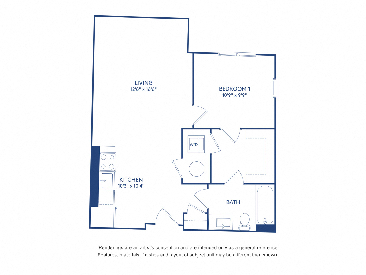 Floor plan for 1 bed, 1 bath, 652 sqft