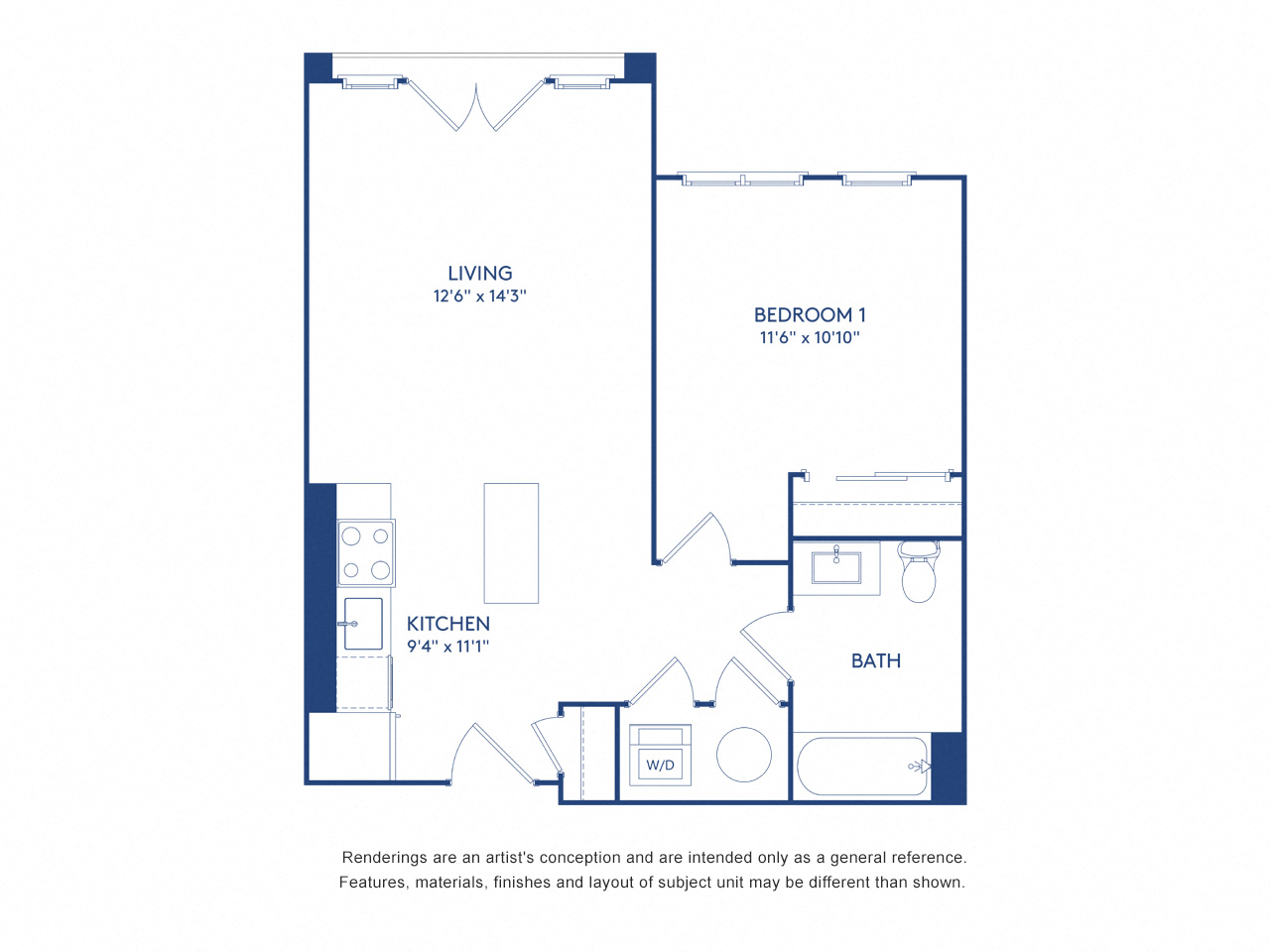 Floor plan for 1 bed, 1 bath, 646 sqft