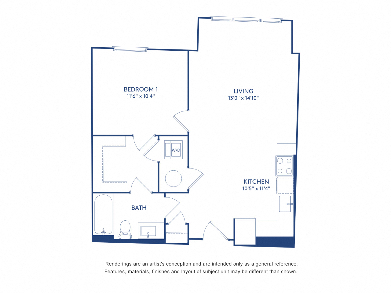 Floor plan for 1 bed, 1 bath, 655 sqft