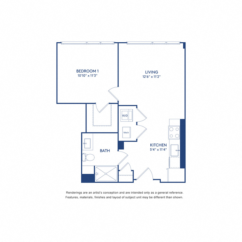 Floor plan for 1 bed, 1 bath, 612 sqft