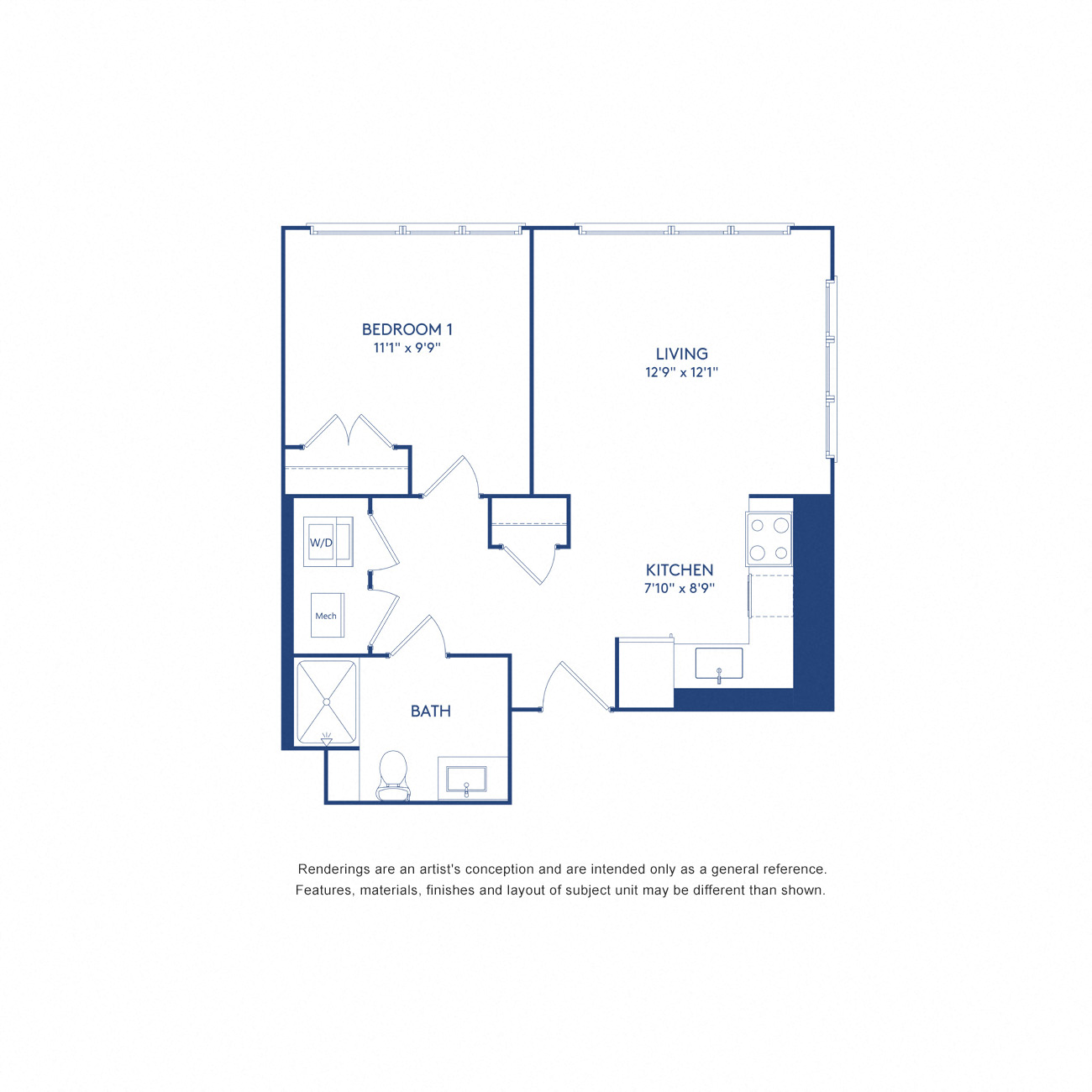 Floor plan for 1 bed, 1 bath, 625 sqft