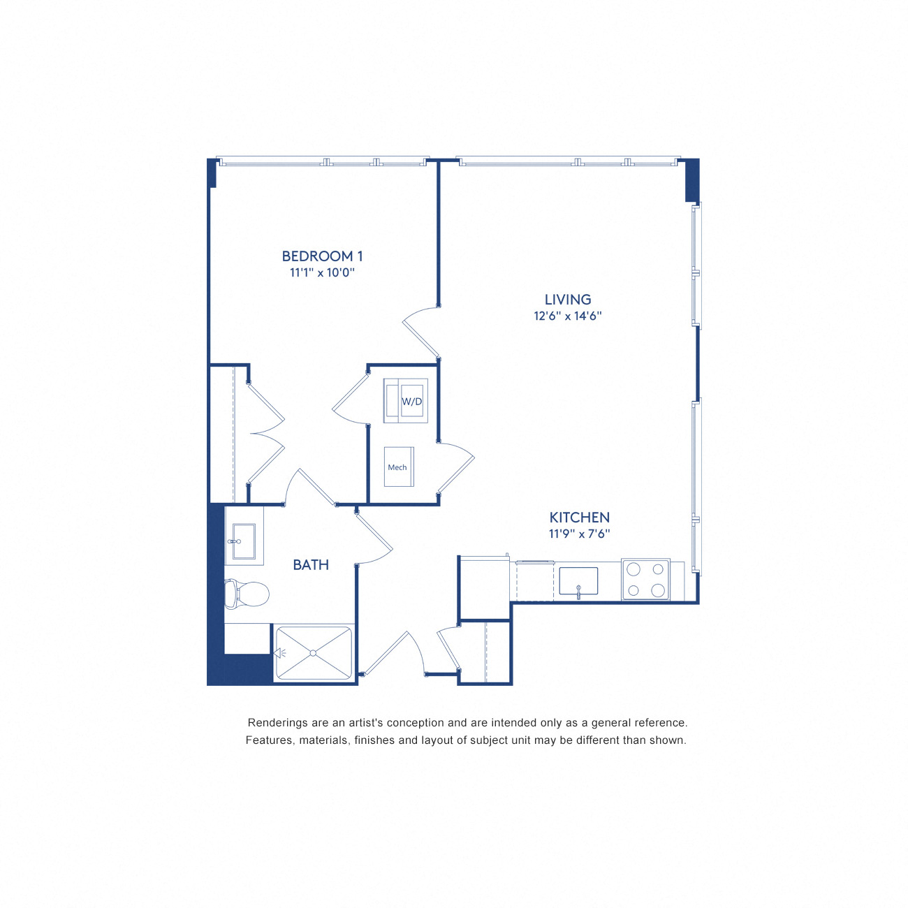 Floor plan for 1 bed, 1 bath, 658 sqft
