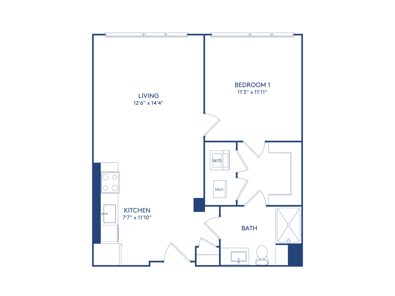 Floor plan for 1 bed, 1 bath, 669 sqft