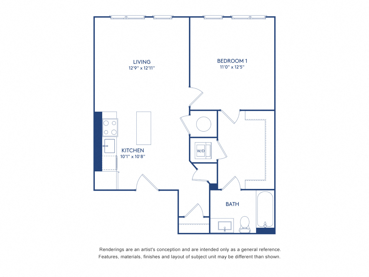 Floor plan for 1 bed, 1 bath, 693 sqft