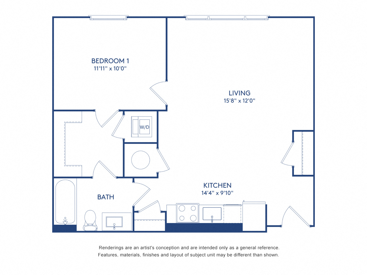 Floor plan for 1 bed, 1 bath, 702 sqft