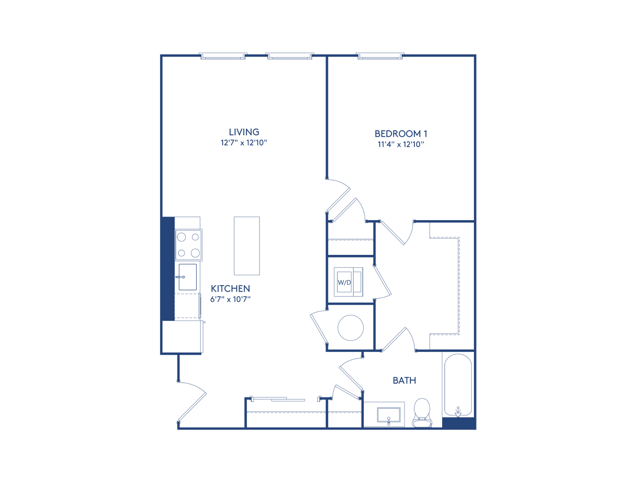 Floor plan for 1 bed, 1 bath, 755 sqft
