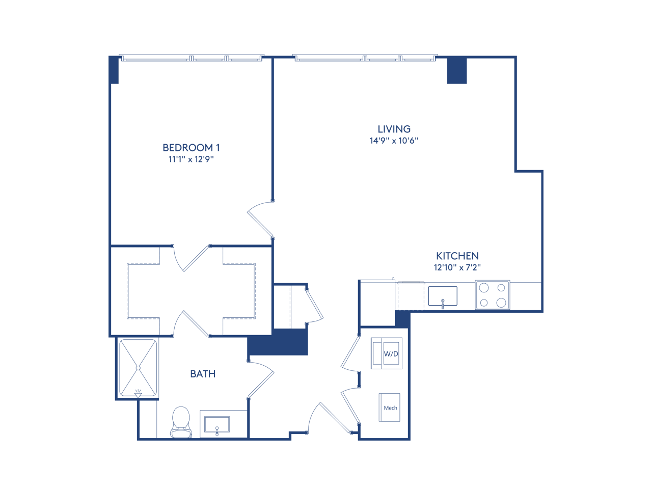 Floor plan for 1 bed, 1 bath, 766 sqft