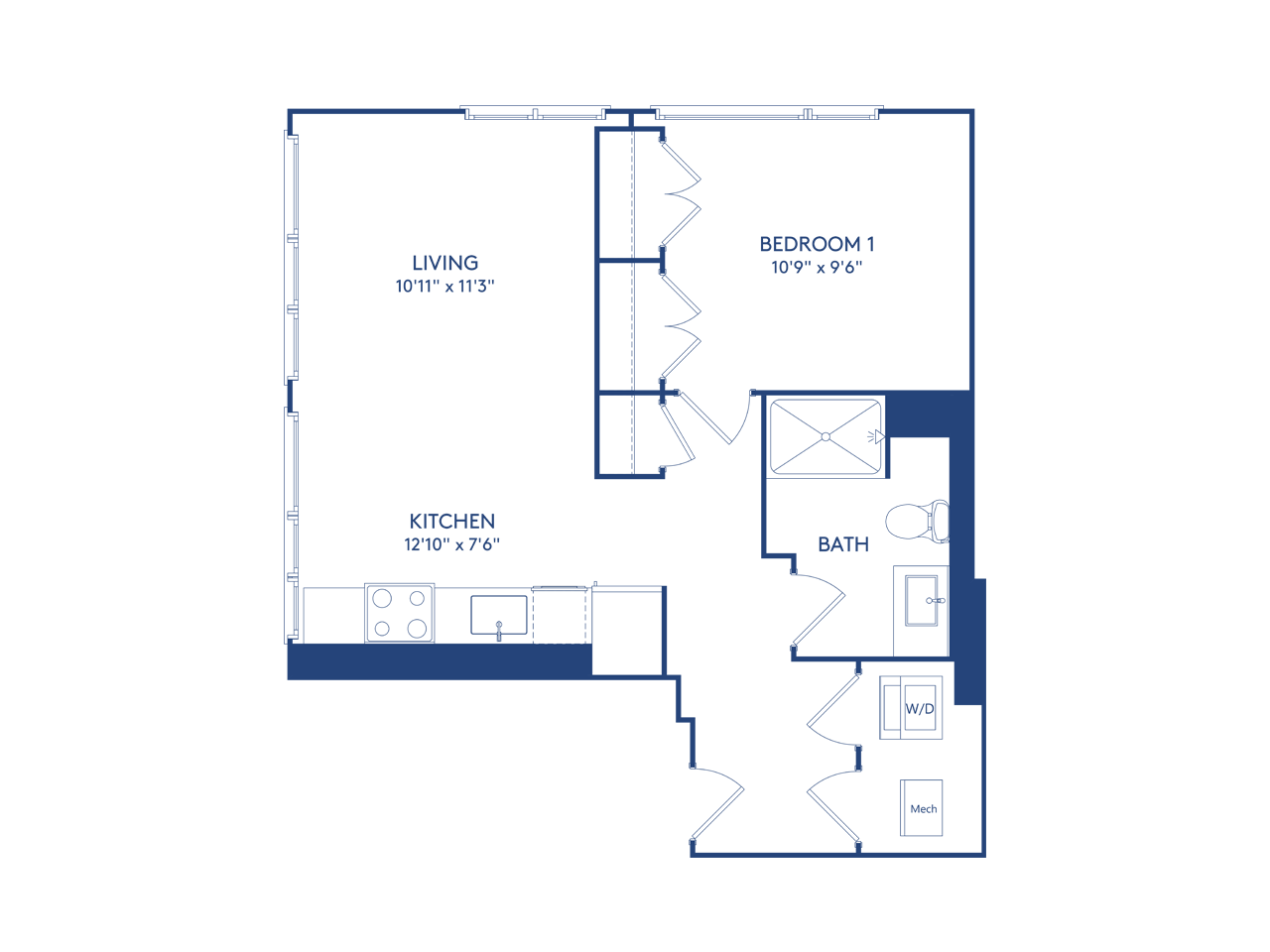 Floor plan for 1 bed, 1 bath, 591 sqft