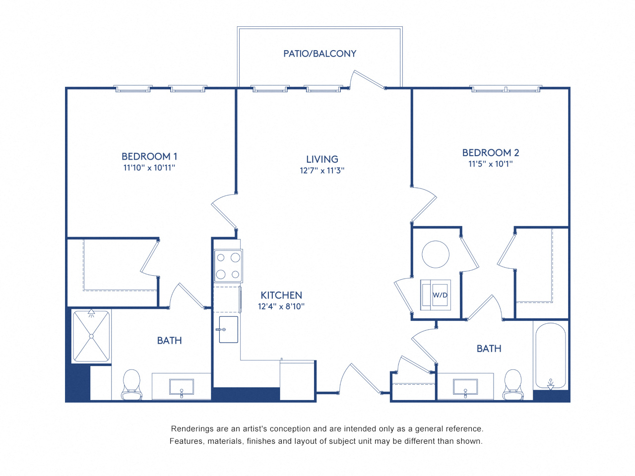 Floor plan for 2 beds, 2 baths, 906 sqft