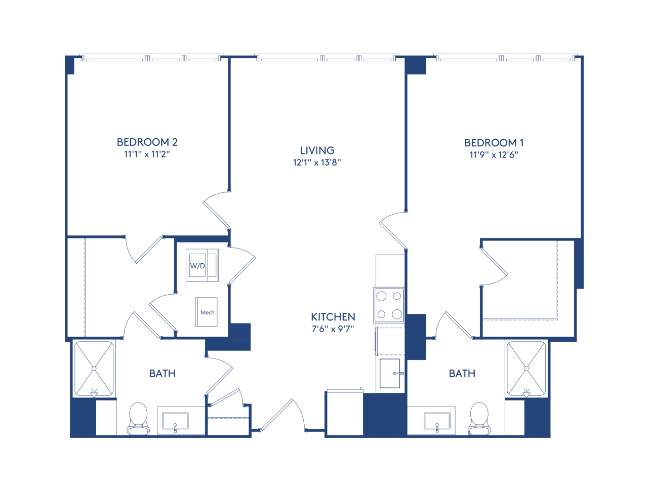 Floor plan for 2 beds, 2 baths, 968 sqft