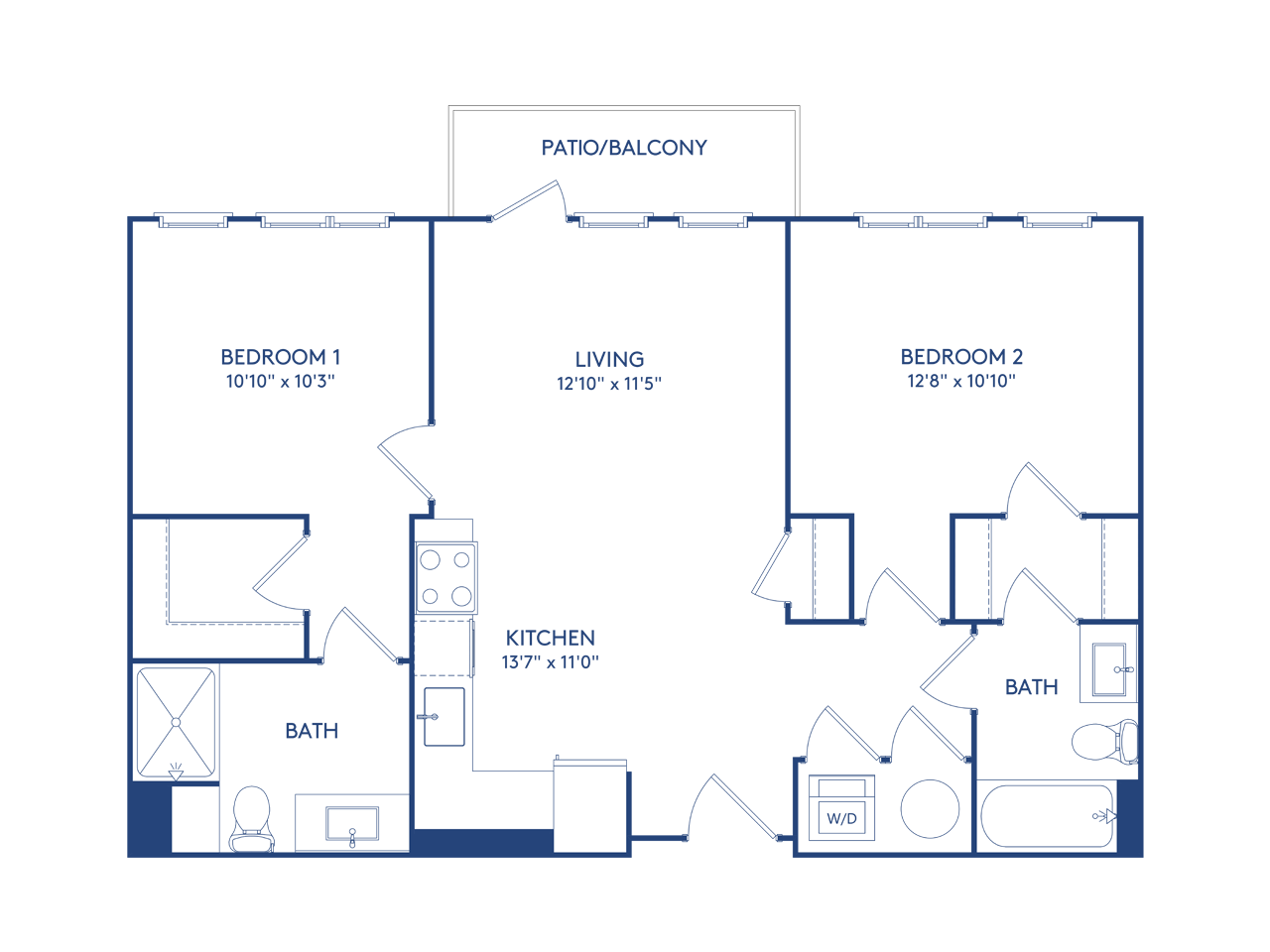 Floor plan for 2 beds, 2 baths, 962 sqft