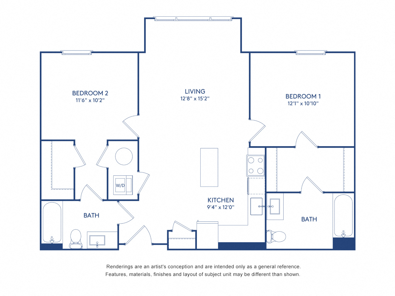 Floor plan for 2 beds, 2 baths, 958 sqft