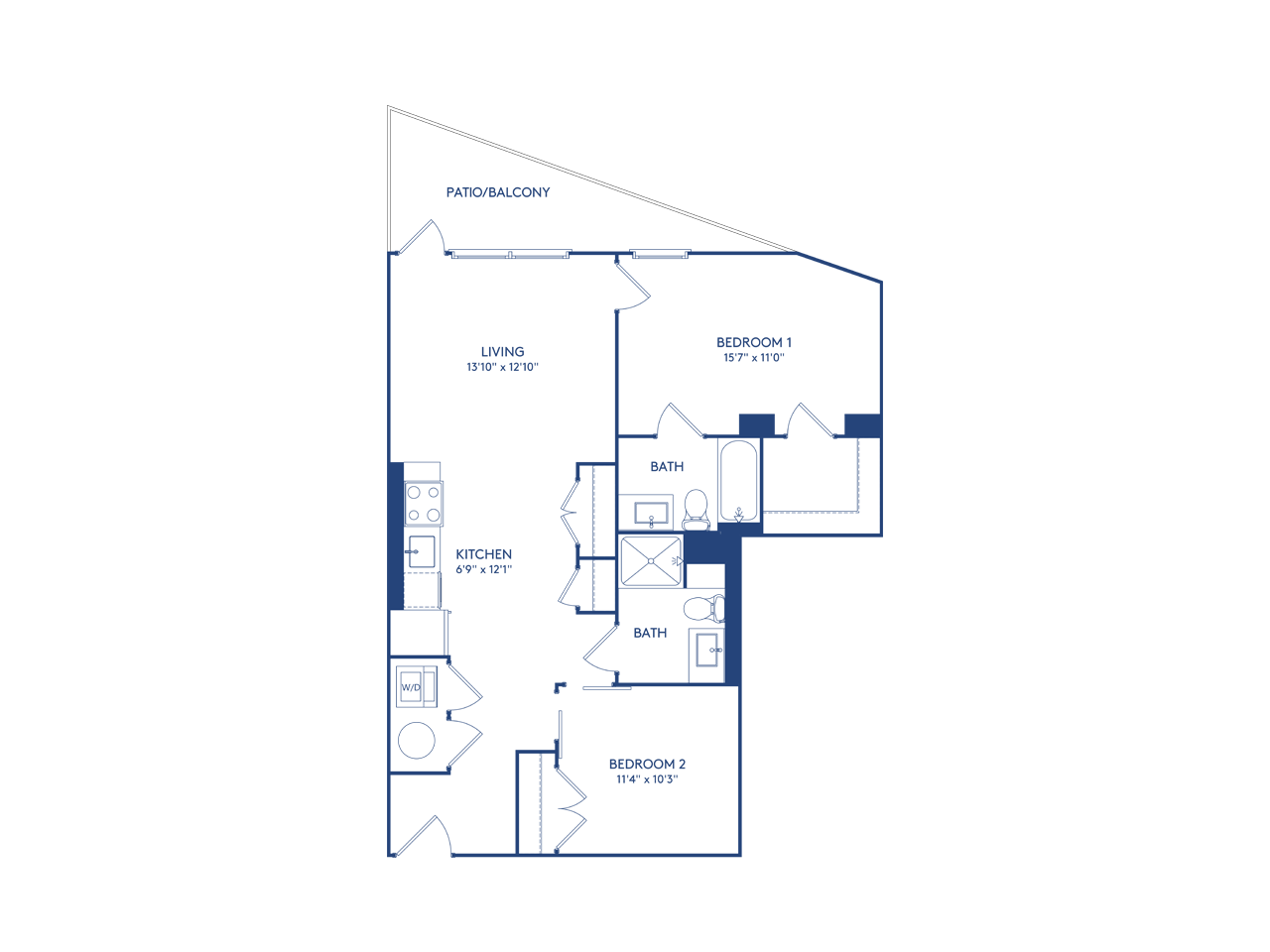 Floor plan for 2 beds, 2 baths, 989 sqft