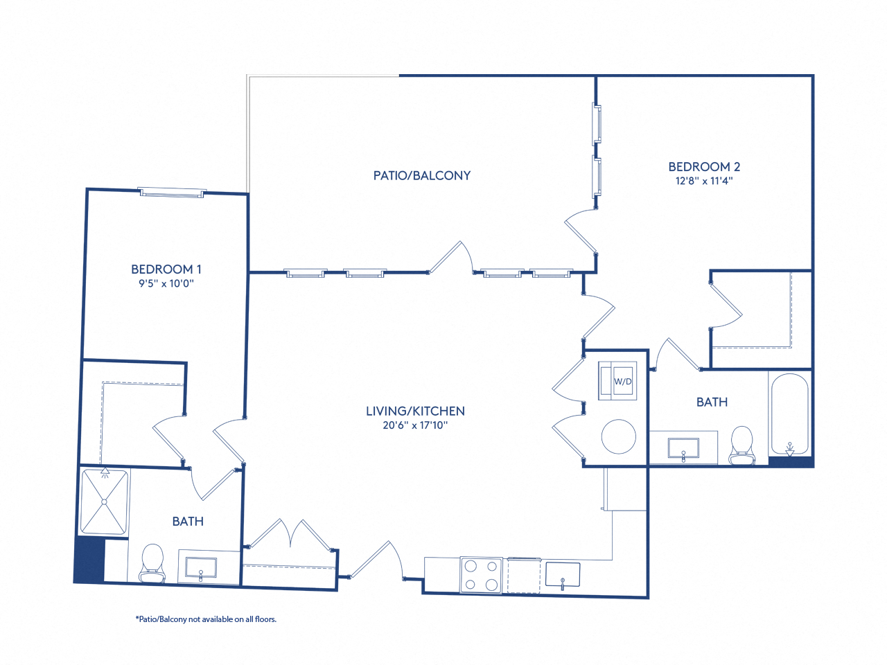 Floor plan for 2 beds, 2 baths, 1005 sqft