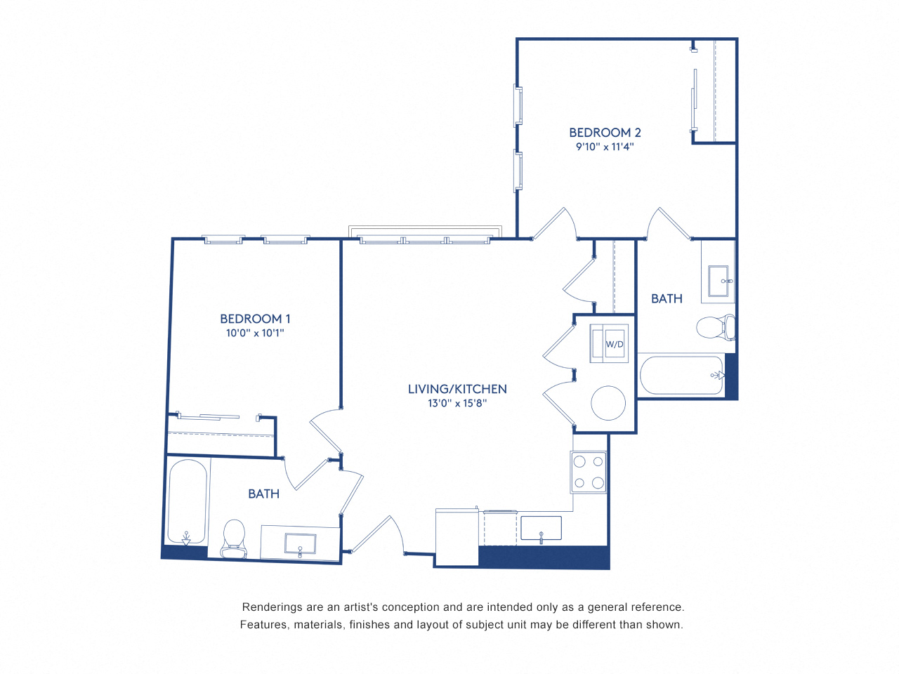 Floor plan for 2 beds, 2 baths, 742 sqft