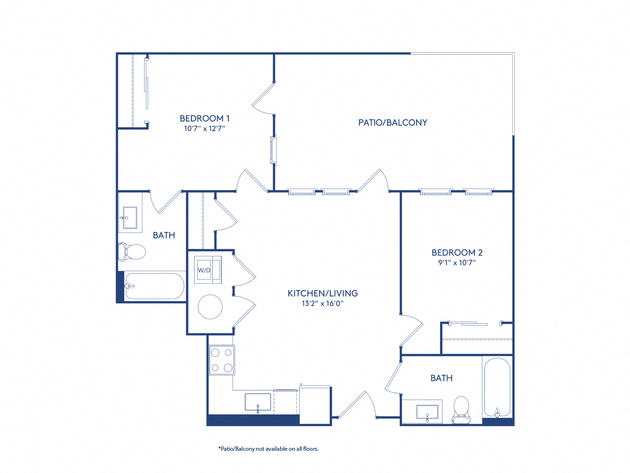 Floor plan for 2 beds, 2 baths, 744 sqft