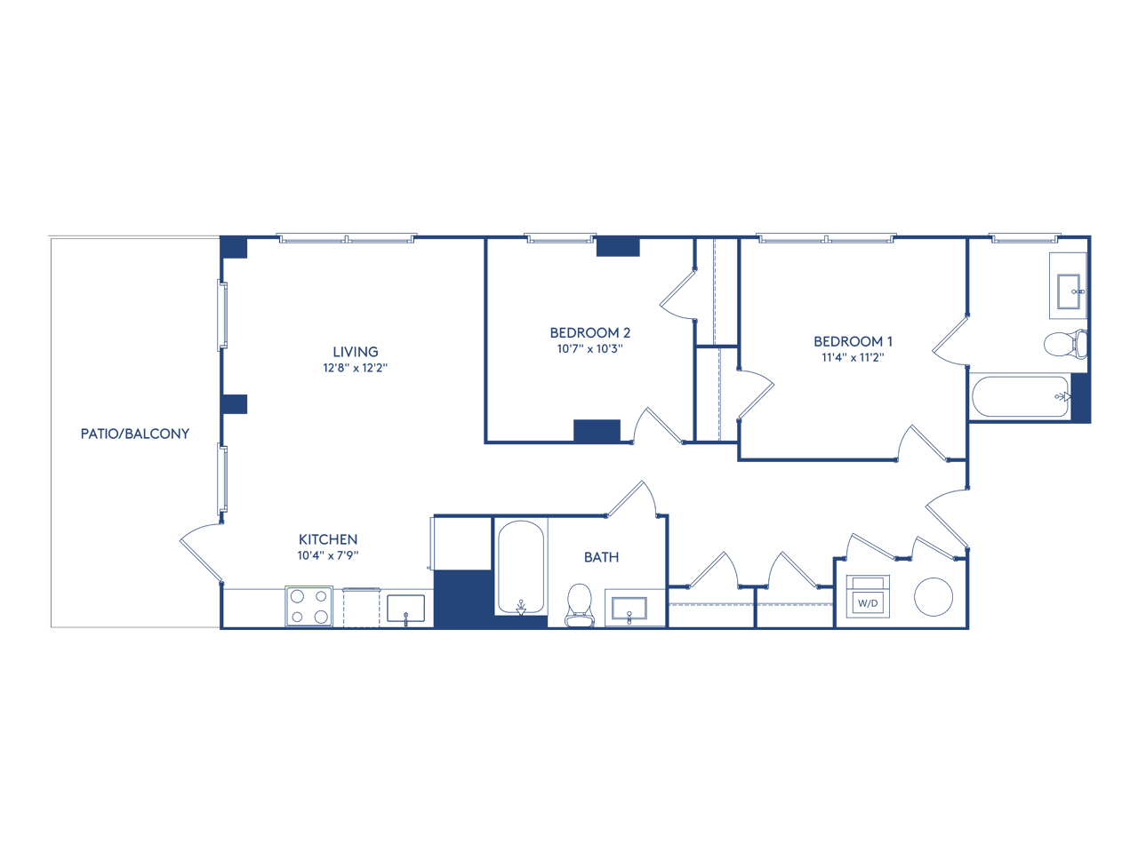 Floor plan for 2 beds, 2 baths, 845 sqft