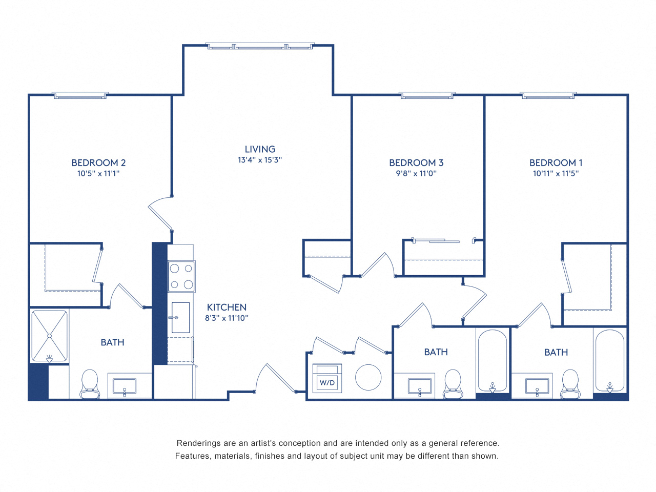 Floor plan for 3 beds, 3 baths, 1122 sqft