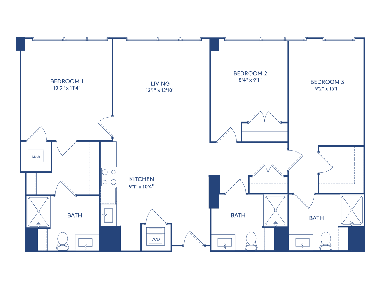 Floor plan for 3 beds, 3 baths, 1192 sqft