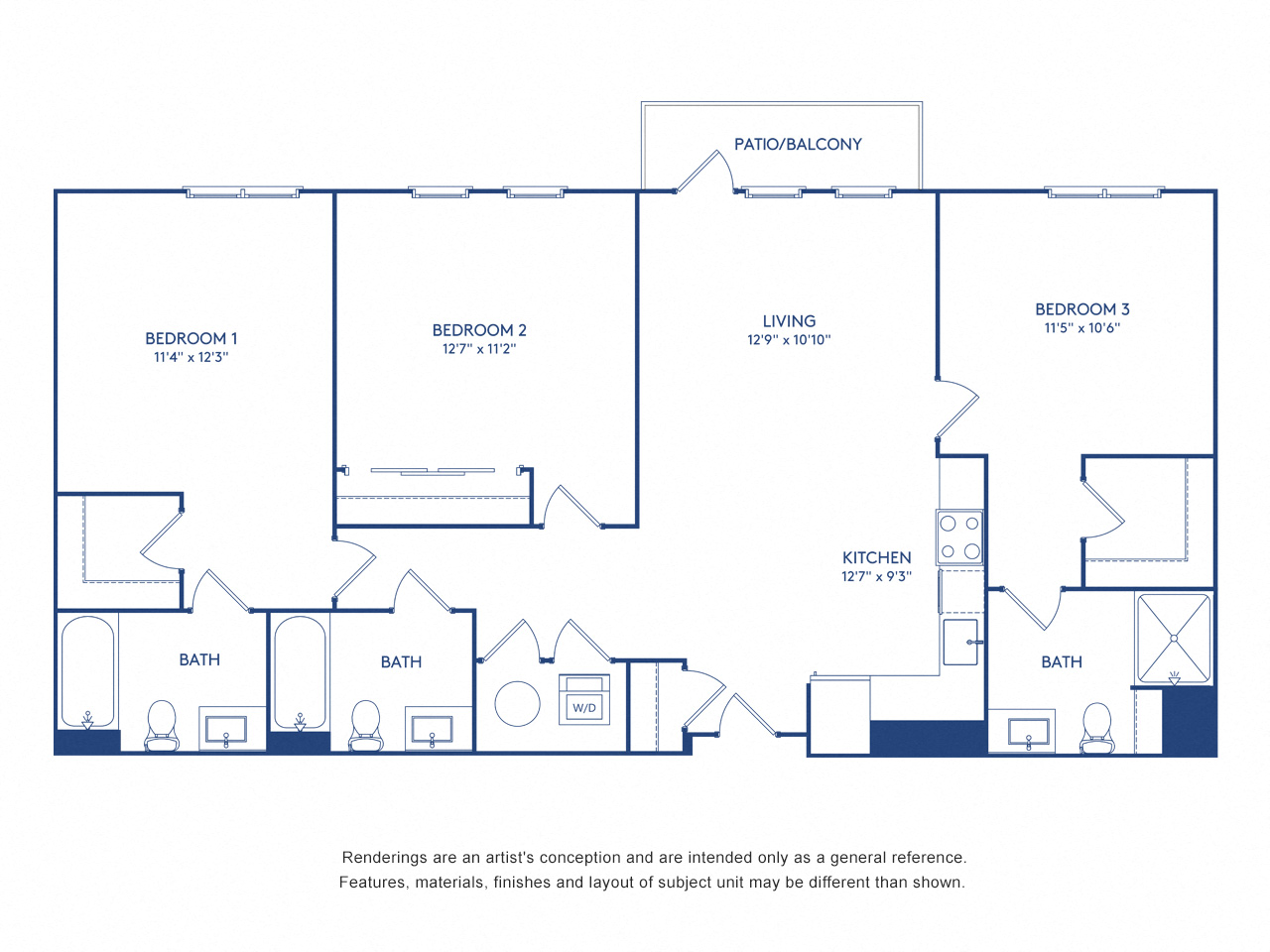 Floor plan for 3 beds, 3 baths, 1242 sqft