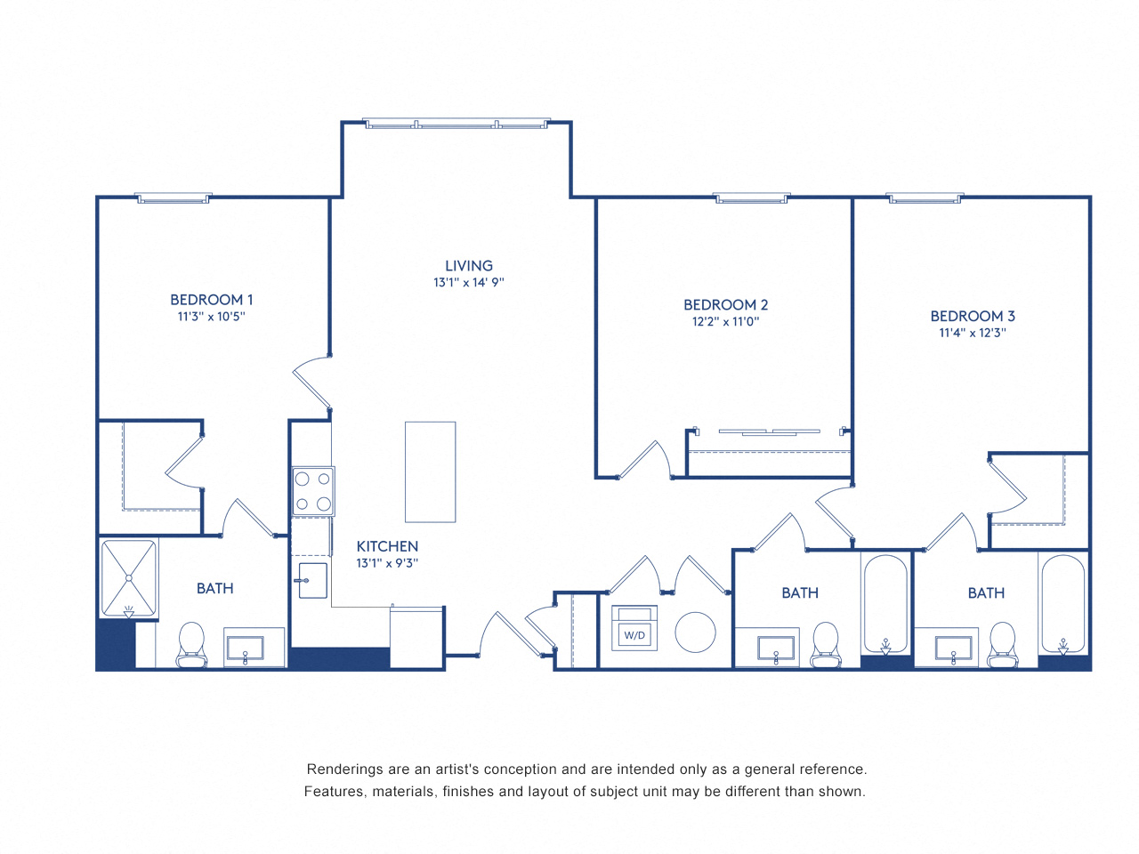 Floor plan for 3 beds, 3 baths, 1215 sqft