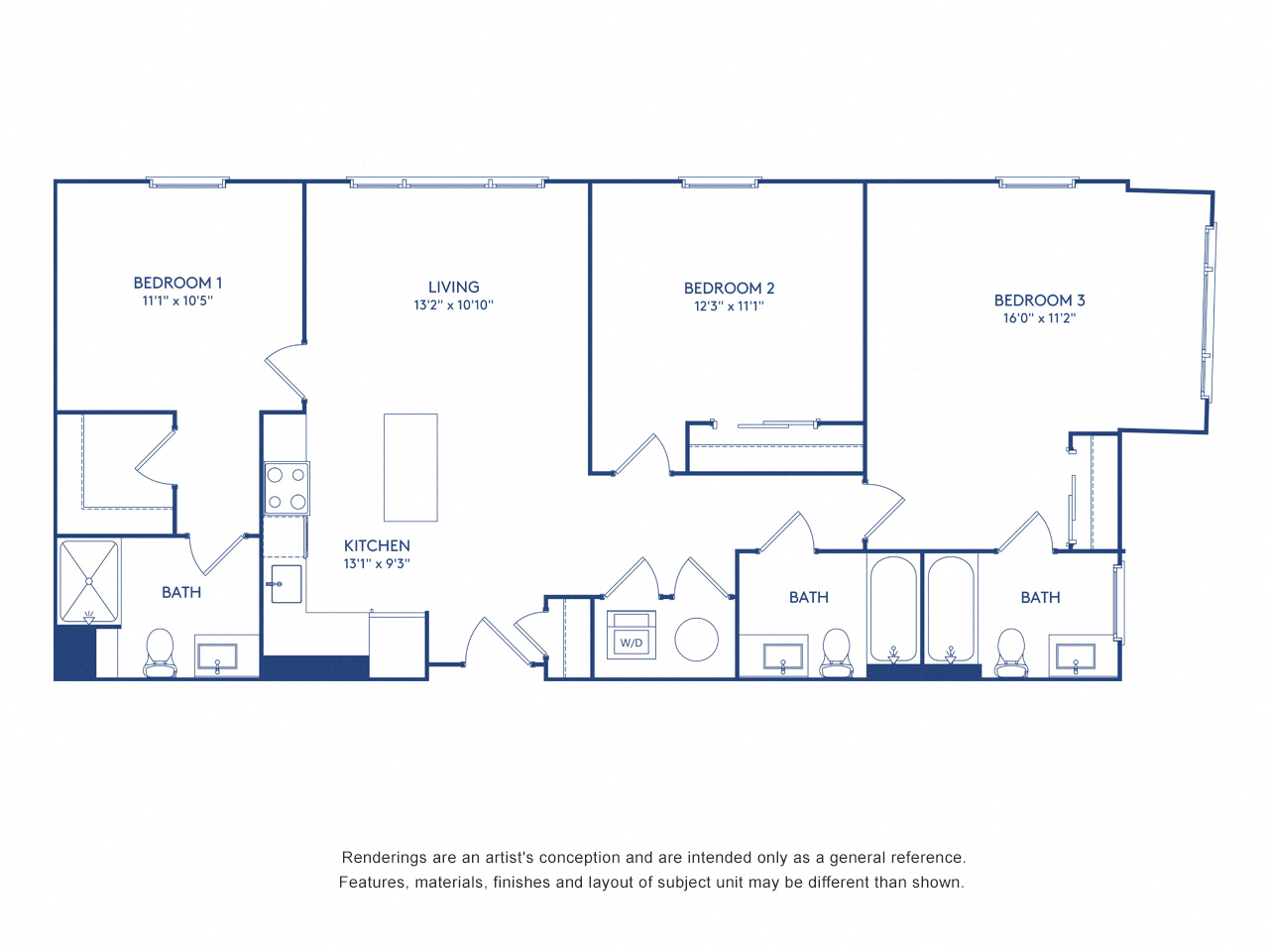 Floor plan for 3 beds, 3 baths, 1217 sqft