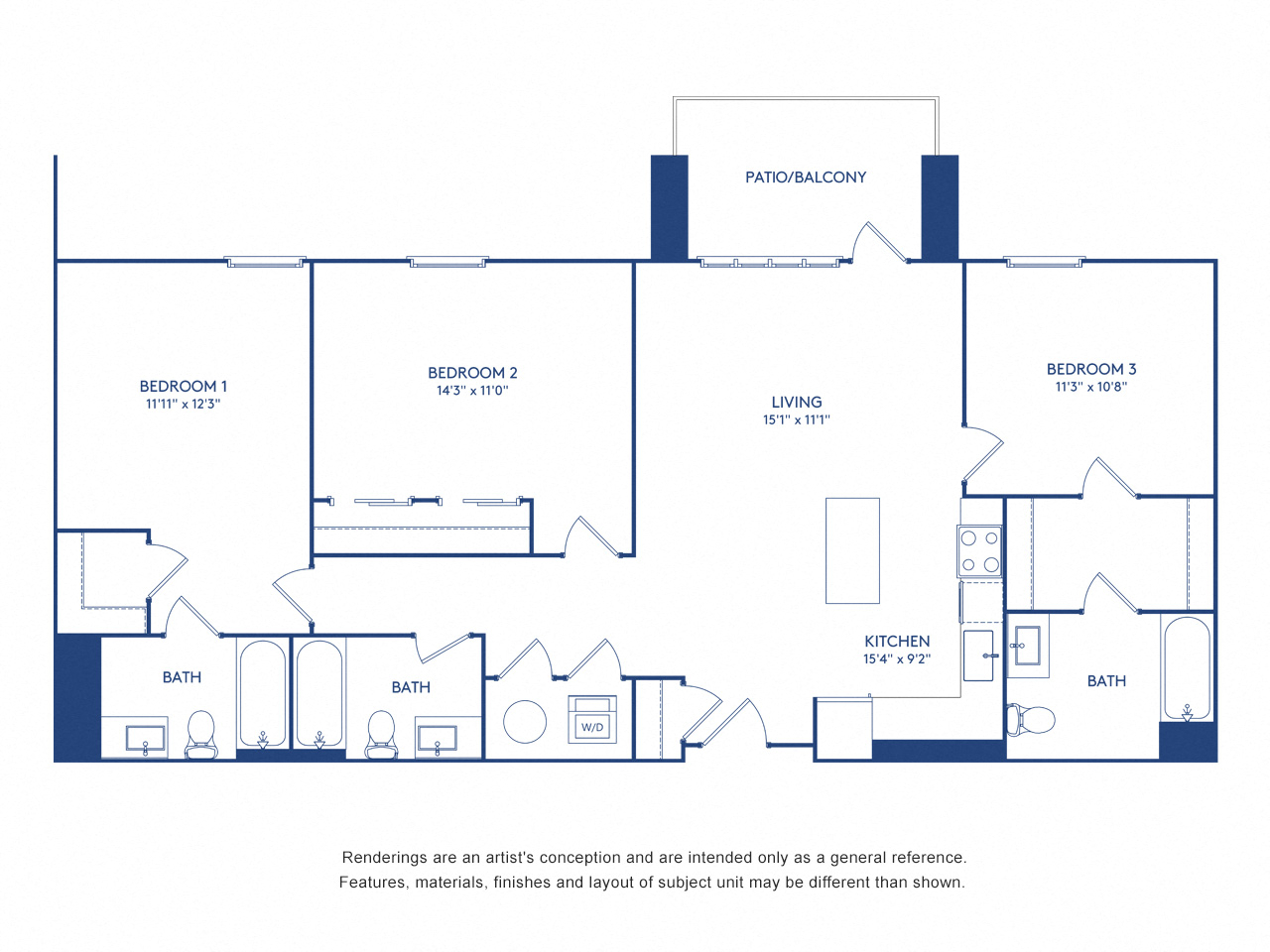 Floor plan for 3 beds, 3 baths, 1343 sqft