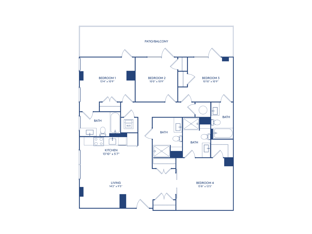 Floor plan for 4 beds, 4 baths, 1443 sqft