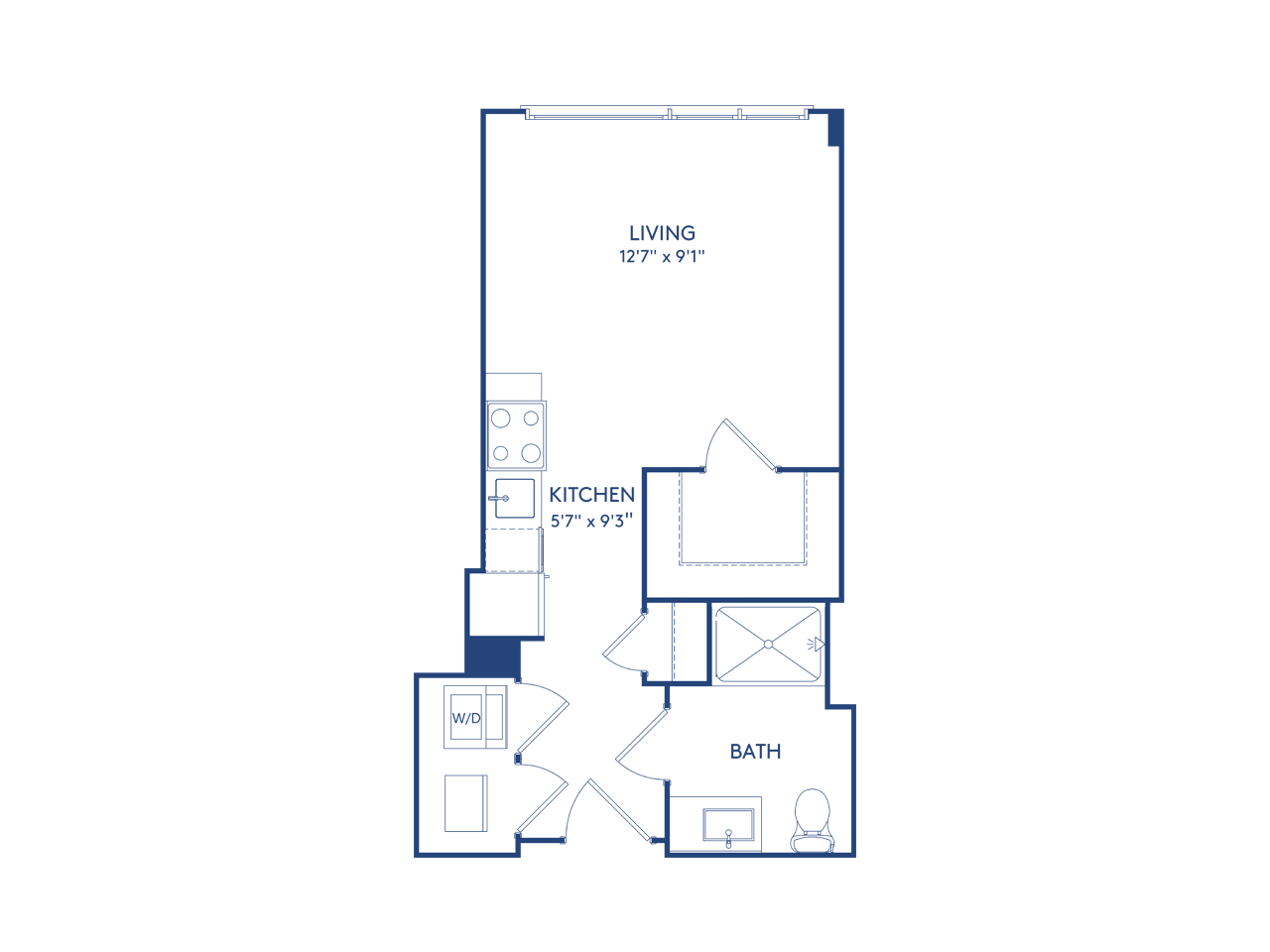 Floor plan for studio, 1 bath, 385 sqft