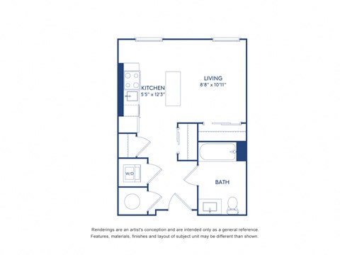 Floor plan for studio, 1 bath, 412 sqft