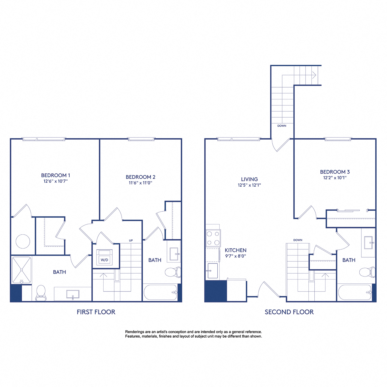 Floor plan for 3 beds, 3 baths, 1149 sqft