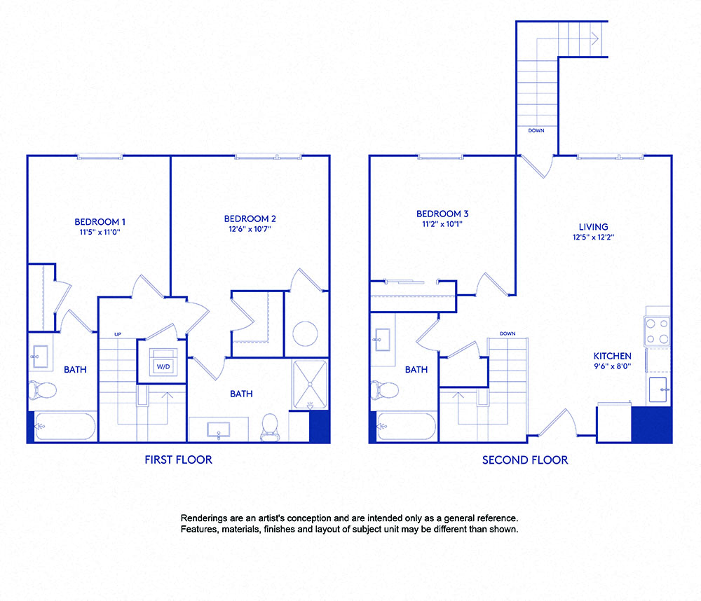 Floor plan for 3 beds, 3 baths, 1185 sqft