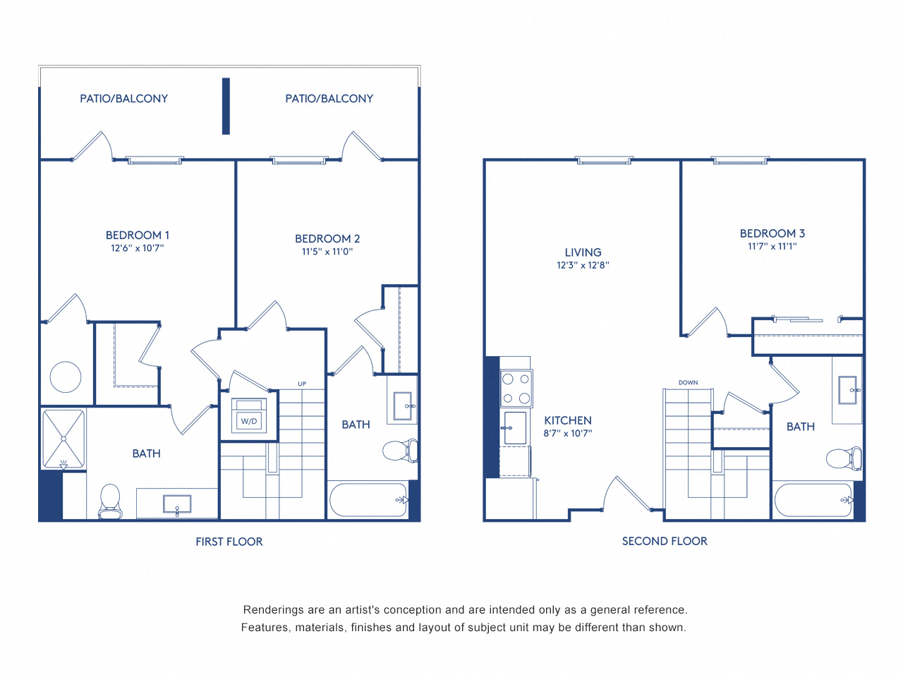 Floor plan for 3 beds, 3 baths, 1259 sqft