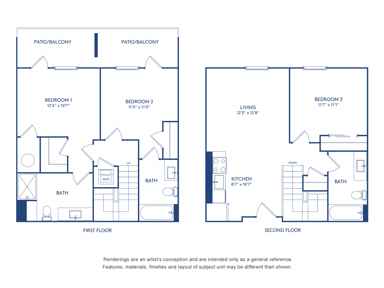 Floor plan for 3 beds, 3 baths, 1161 sqft