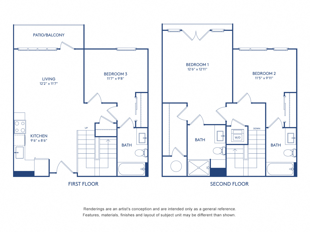 Floor plan for 3 beds, 3 baths, 1190 sqft