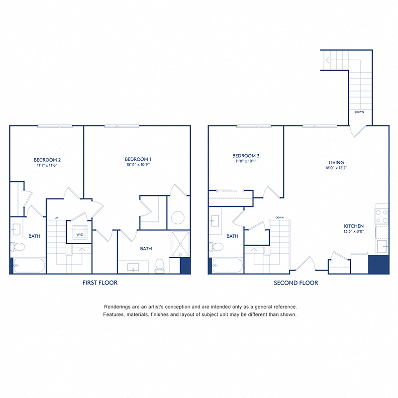 Floor plan for 3 beds, 3 baths, 1235 sqft