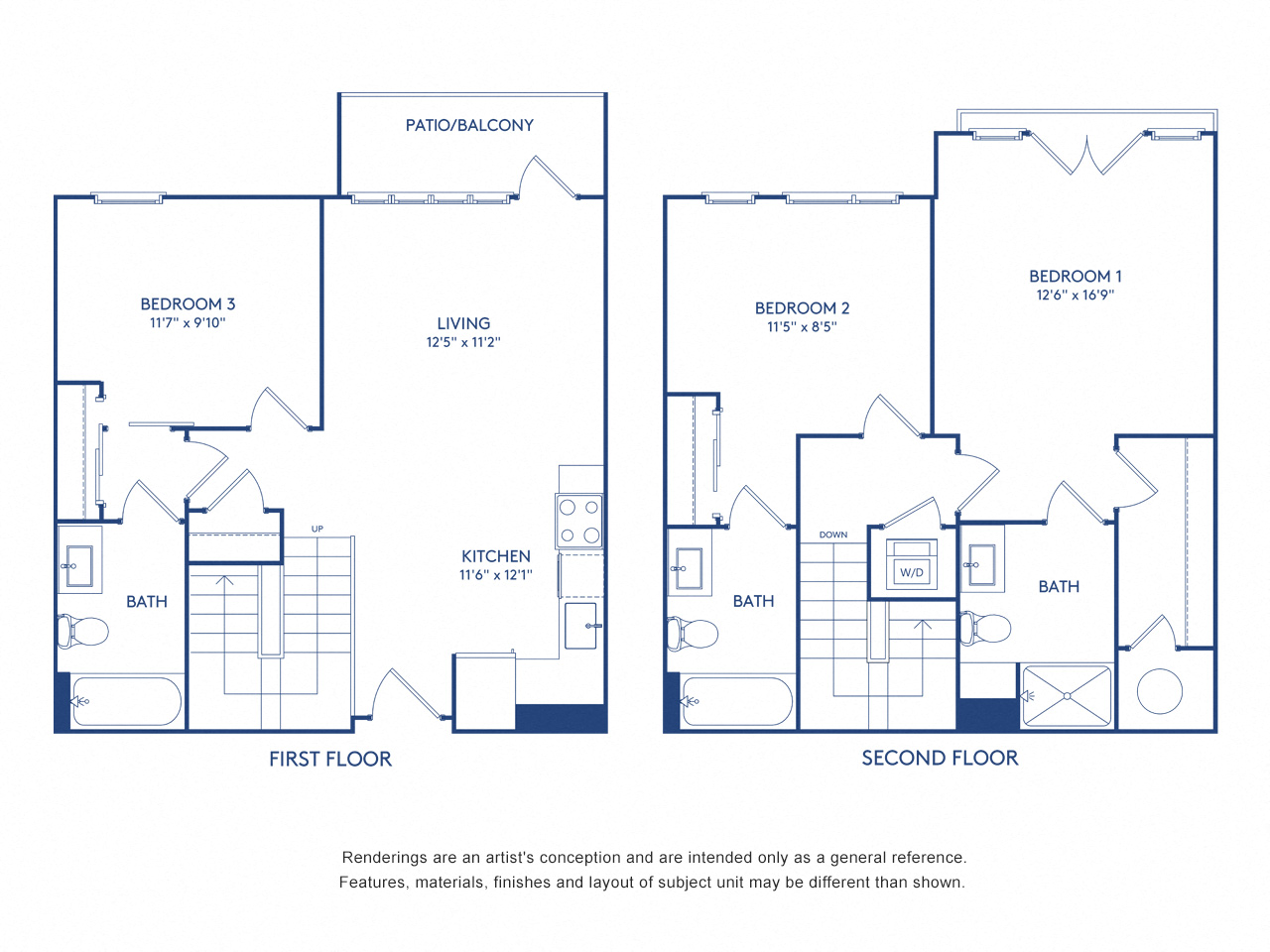 Floor plan for 3 beds, 3 baths, 1238 sqft