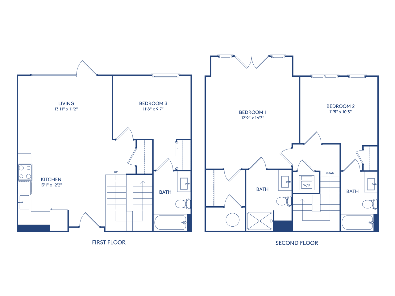 Floor plan for 3 beds, 3 baths, 1262 sqft