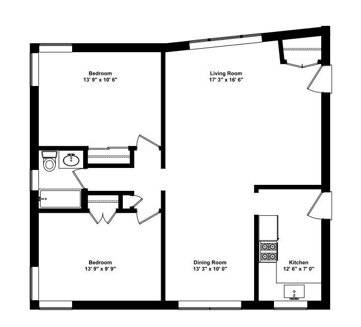 Floor plan for 2 beds, 1 bath, 800 sqft